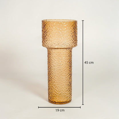 Amber textured glass vase dimension image showing 45 cm height and 19 cm width decorative glass accent for floor styling.