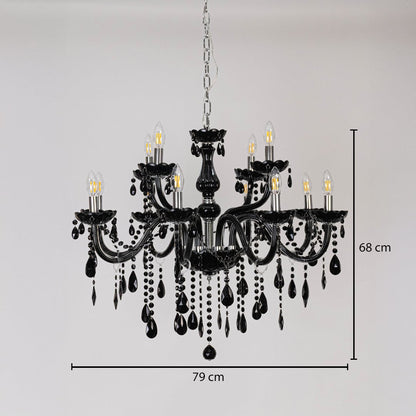 Black chandelier with glossy finish and crystal detailing shown with 79 cm width and 68 cm height for lighting.