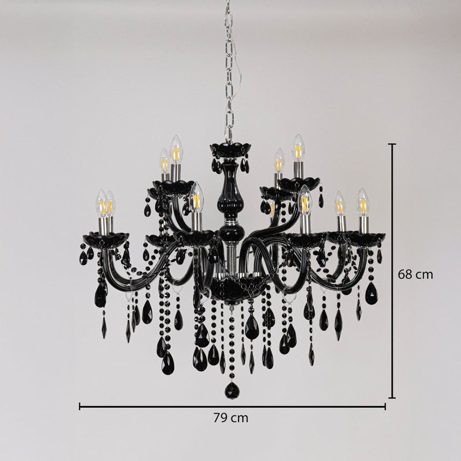 Black chandelier with glossy finish and crystal detailing shown with 79 cm width and 68 cm height for lighting.