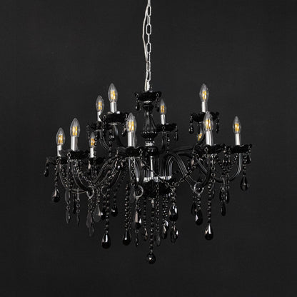 Chandelier with black frame and crystal droplets displayed off against black background for modern luxury style.