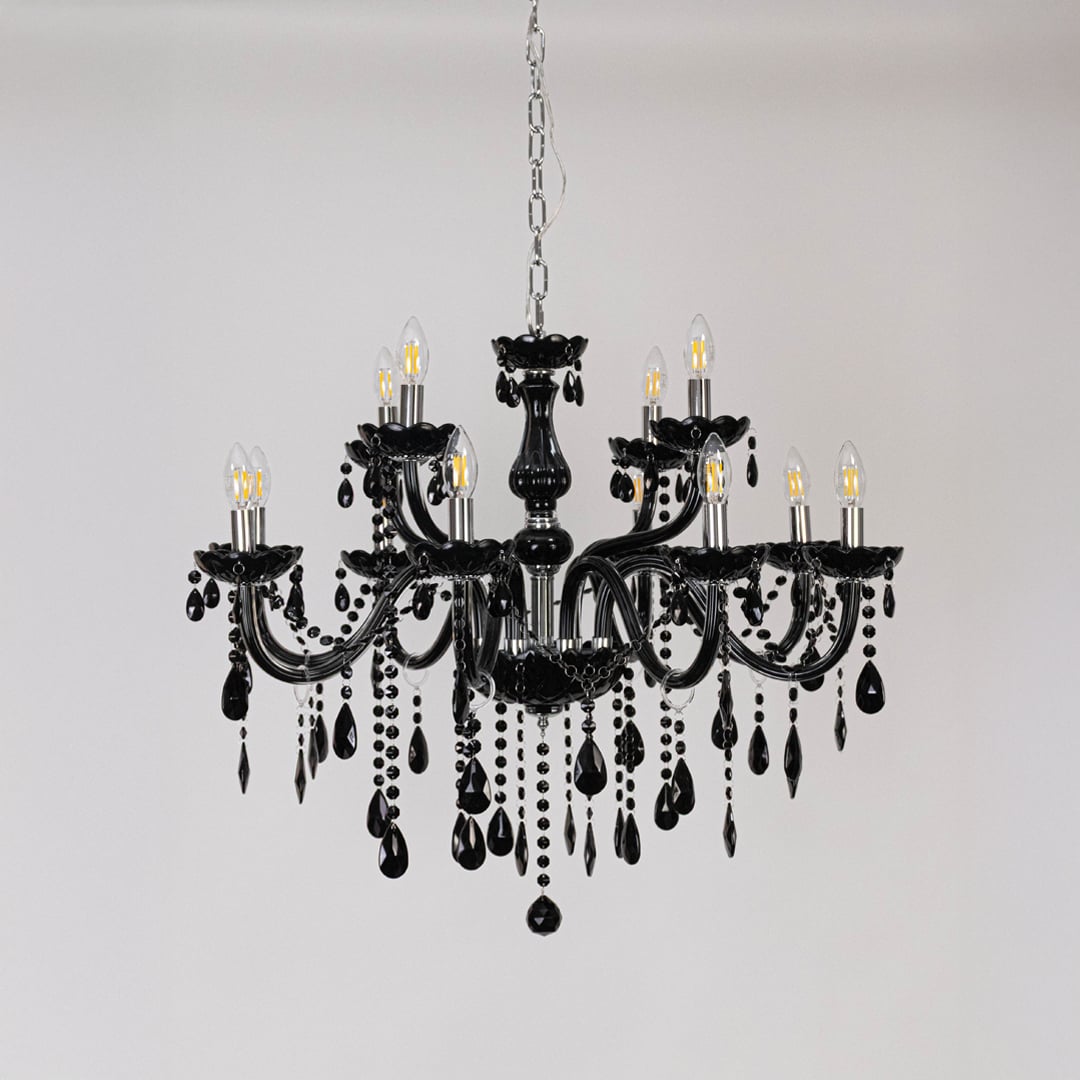 Classic black chandelier with crystal accents displayed off on white background for stylish decorative lighting.