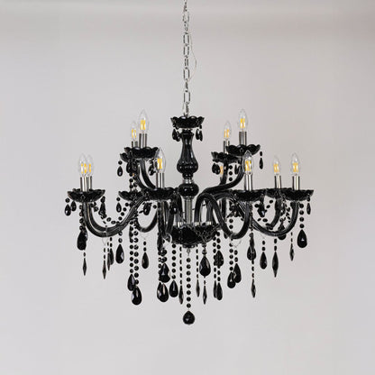 Classic black chandelier with crystal accents displayed off on white background for stylish decorative lighting.