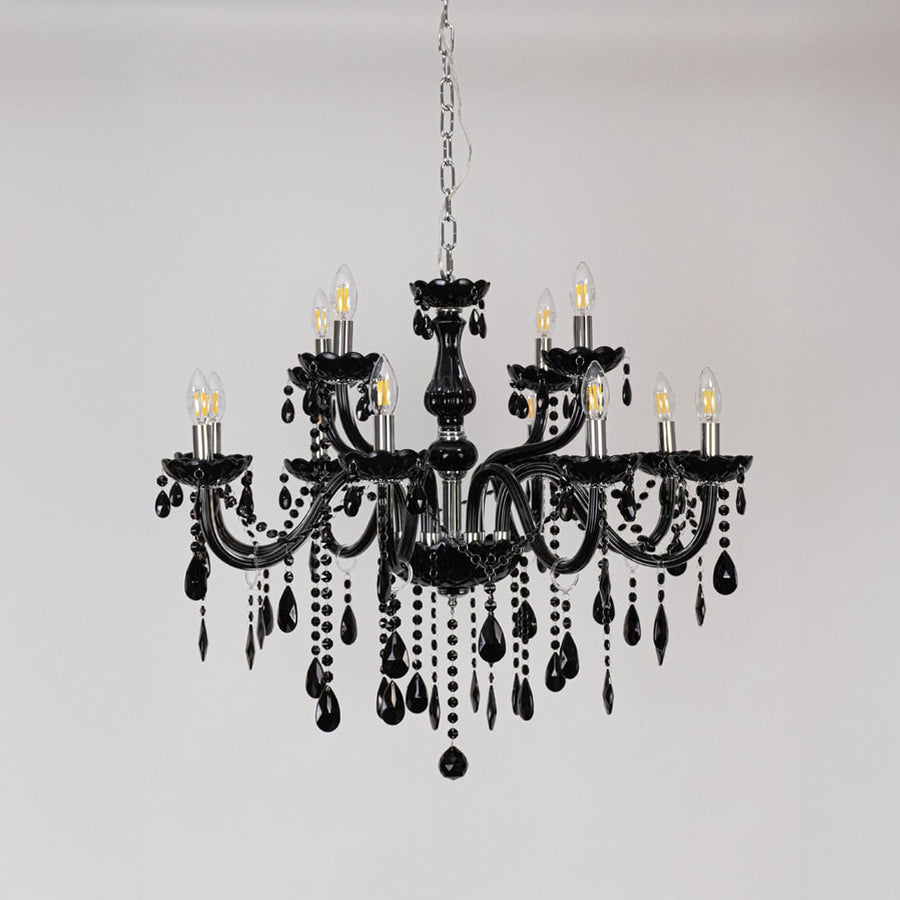 Classic black chandelier with crystal accents displayed off on white background for stylish decorative lighting.