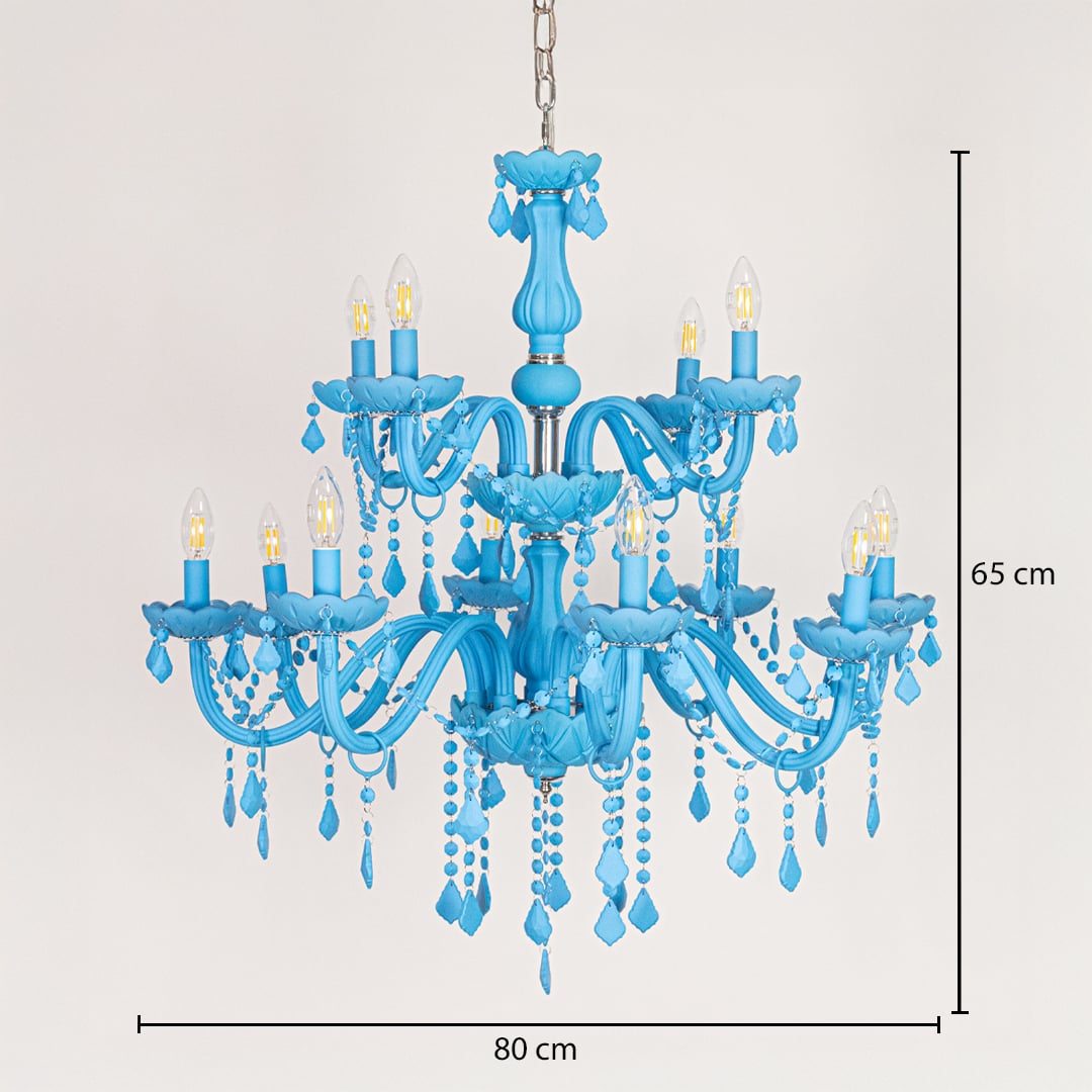 Large blue crystal chandelier sized 65 cm height and 80 cm width ideal for stylish living room or dining room ceiling lighting.