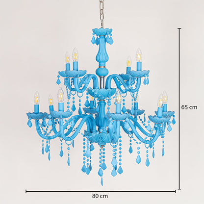 Large blue crystal chandelier sized 65 cm height and 80 cm width ideal for stylish living room or dining room ceiling lighting.