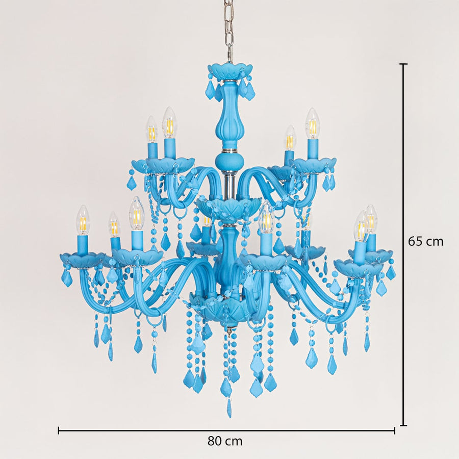 Large blue crystal chandelier sized 65 cm height and 80 cm width ideal for stylish living room or dining room ceiling lighting.