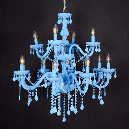 Large blue crystal chandelier shown on black background highlighting vibrant detailing for elegant interior ceilings.