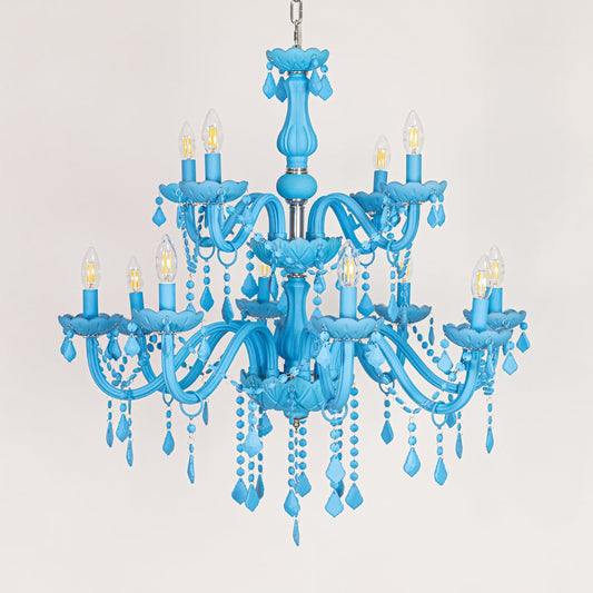 Large blue crystal chandelier displayed on white background ideal for colorful modern interior ceiling styling.