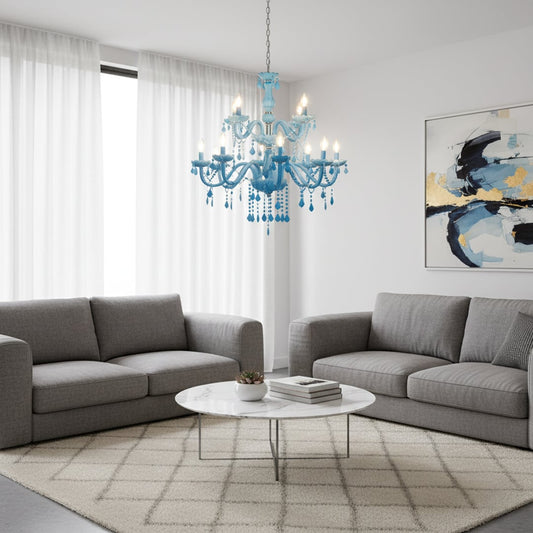Large blue crystal chandelier adds vibrant elegant lighting to living room or dining room ceilings creating a bold luxury look.