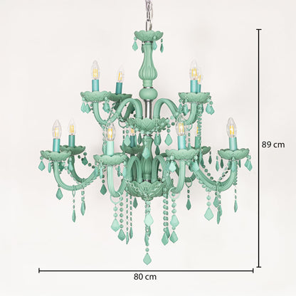 Large green crystal chandelier sized 89 cm height and 80 cm width ideal for stylish living room or dining room ceiling lighting.