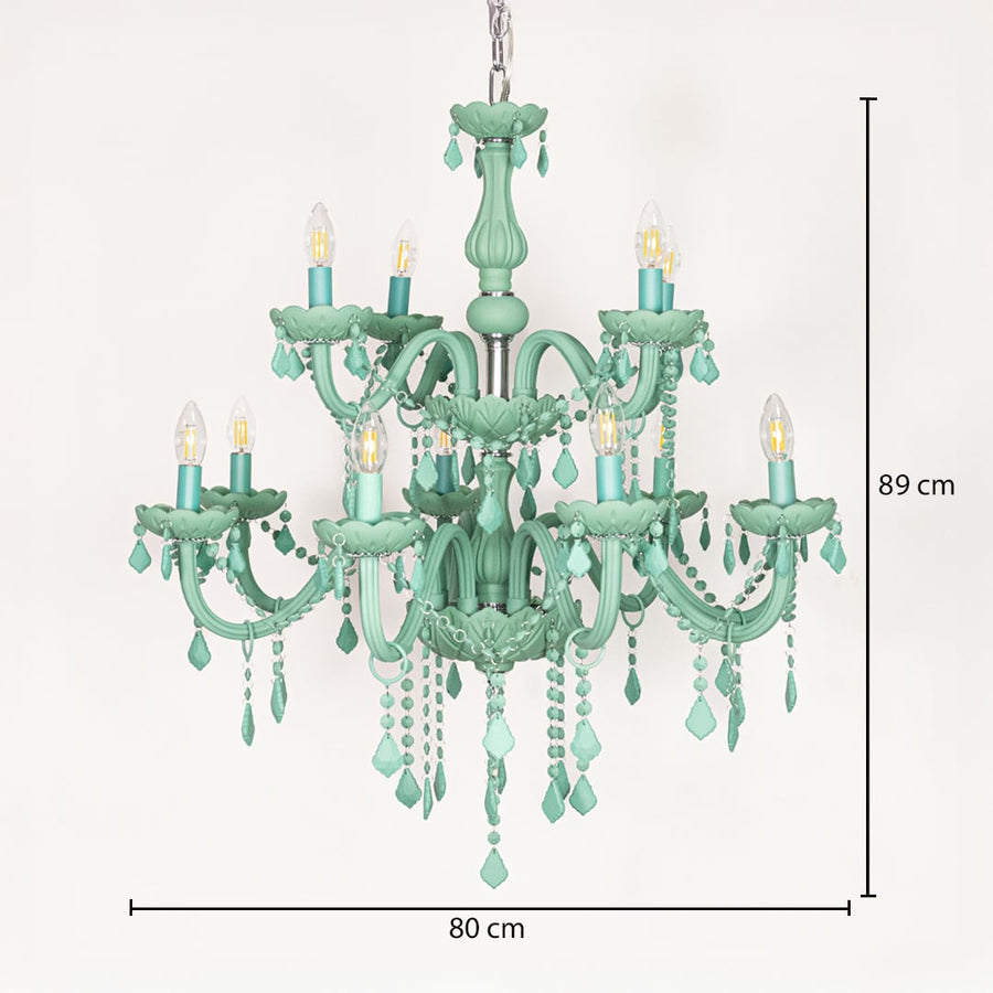 Large green crystal chandelier sized 89 cm height and 80 cm width ideal for stylish living room or dining room ceiling lighting.