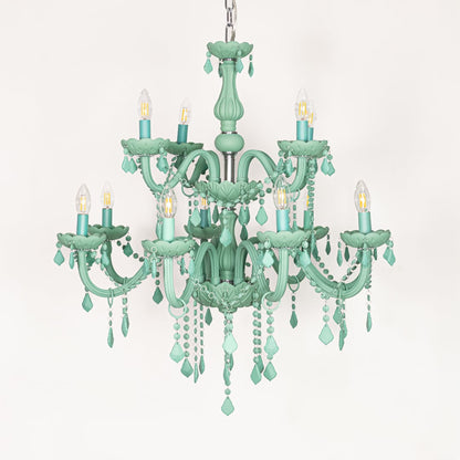 Large green crystal chandelier displayed on white background ideal for colorful bright interior ceiling styling.