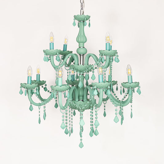 Large green crystal chandelier displayed on white background ideal for colorful bright interior ceiling styling.