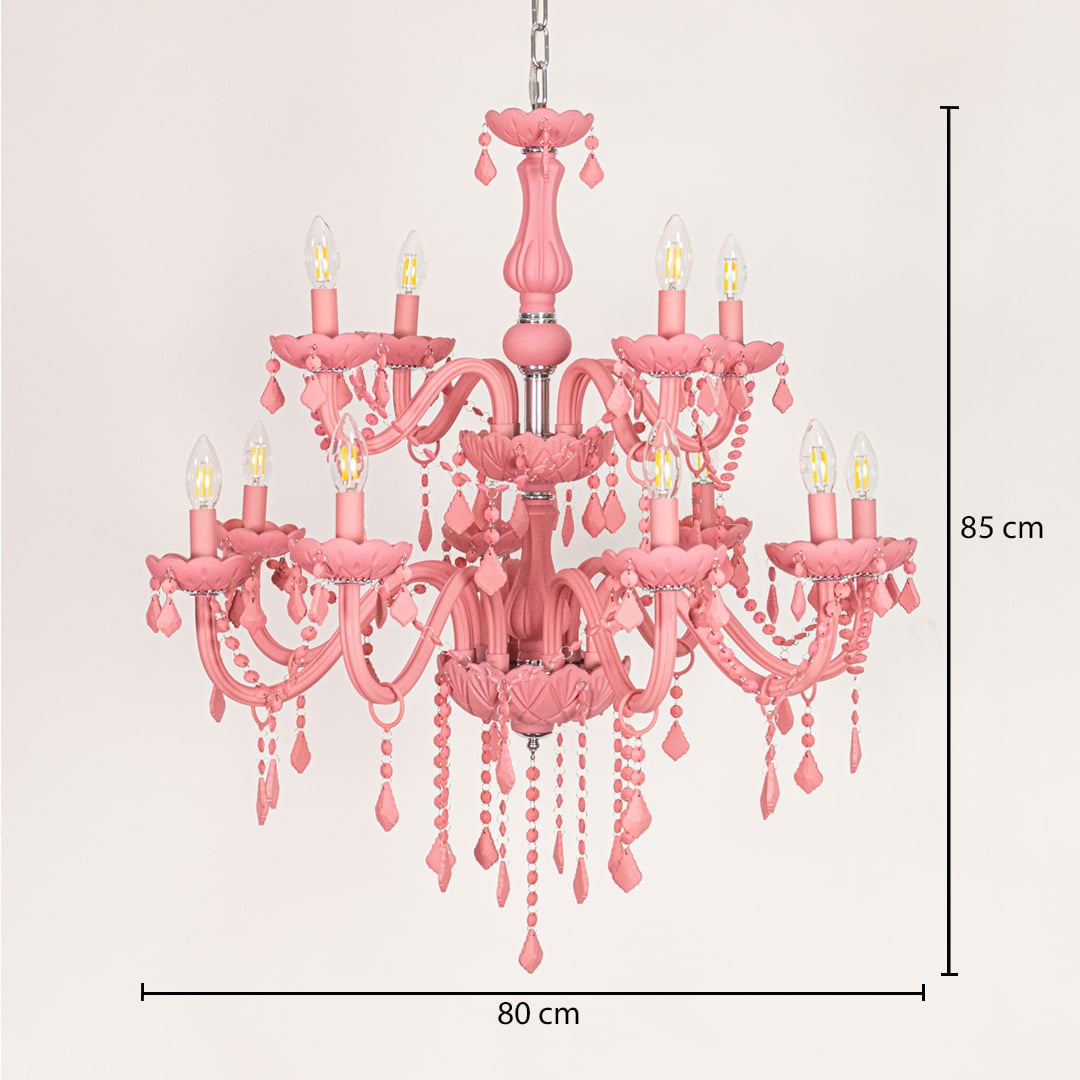 Large pink crystal chandelier sized 85 cm height and 80 cm width ideal for stylish living room or dining room ceiling lighting.