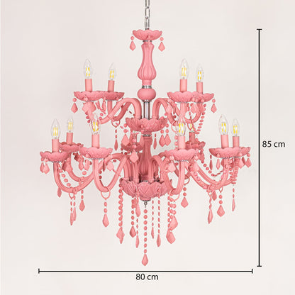 Large pink crystal chandelier sized 85 cm height and 80 cm width ideal for stylish living room or dining room ceiling lighting.