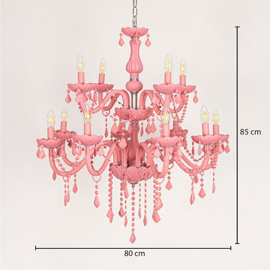 Large pink crystal chandelier sized 85 cm height and 80 cm width ideal for stylish living room or dining room ceiling lighting.