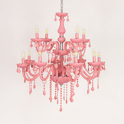 Large pink crystal chandelier displayed on white background ideal for colorful bright interior ceiling styling.