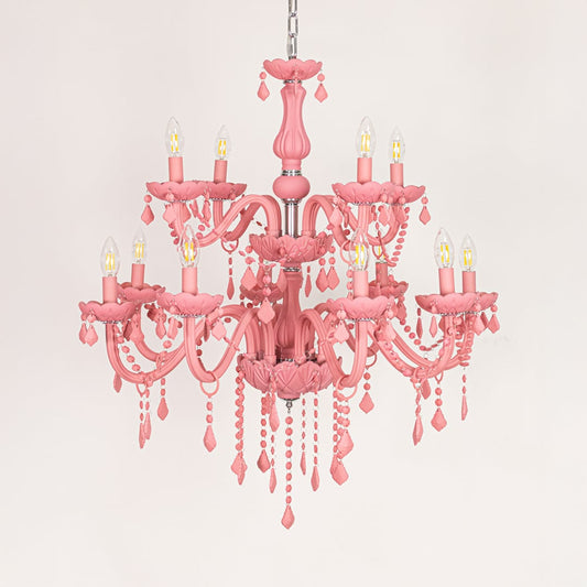Large pink crystal chandelier displayed on white background ideal for colorful bright interior ceiling styling.