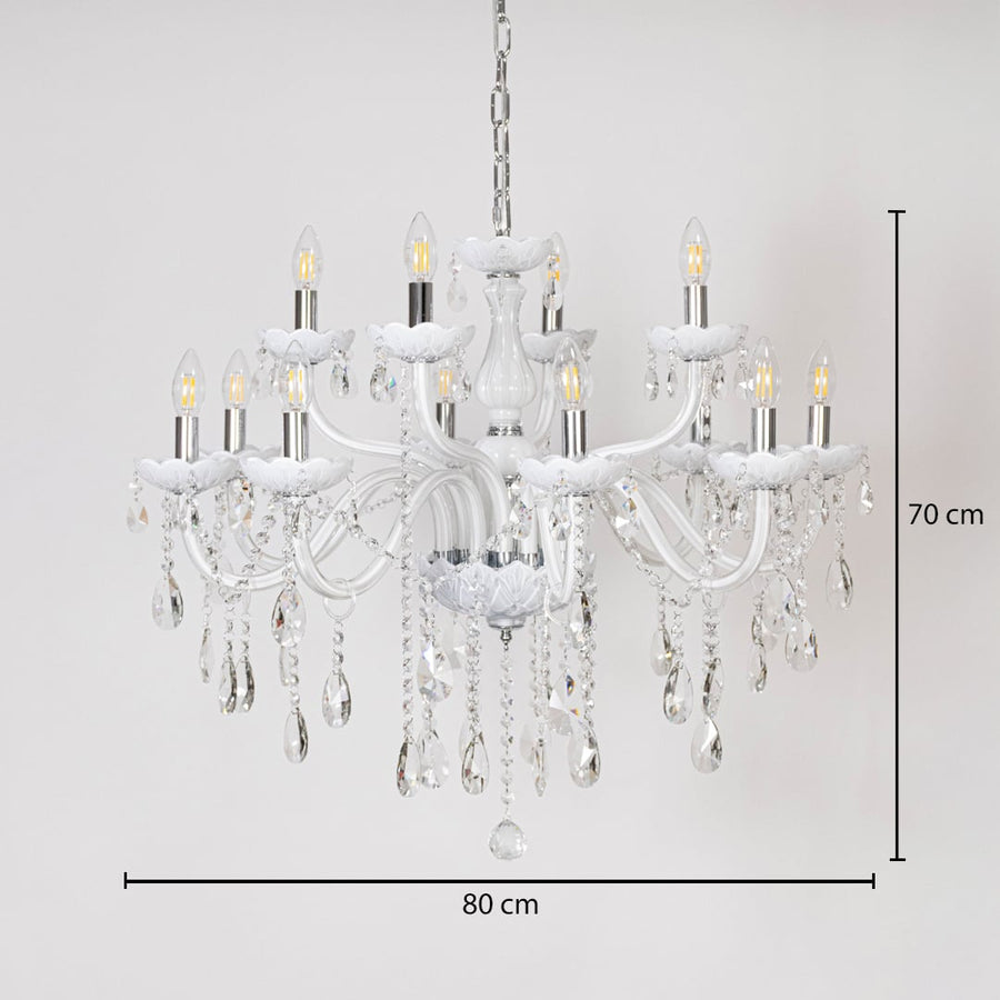 White chandelier with crystal detailing shown with 80 cm width and 70 cm height for luxury home decorative lighting.