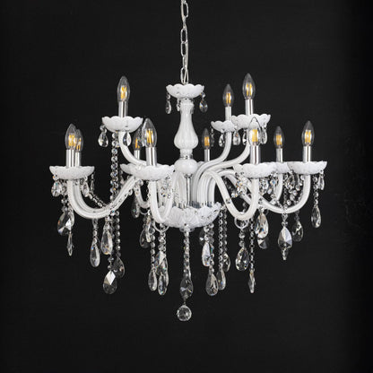 Classic white chandelier with crystal droplets displayed off against black background for elegant home decor style.