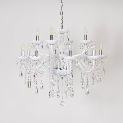 White chandelier with crystal accents displayed off on white background for elegant decorative home interior.