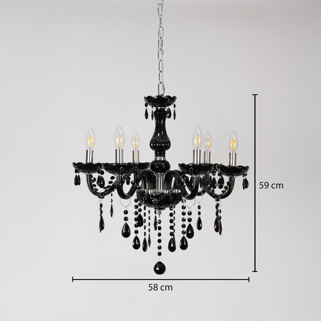 Black chandelier with crystal accents shown with 58 cm width and 59 cm height for modern decorative lighting.