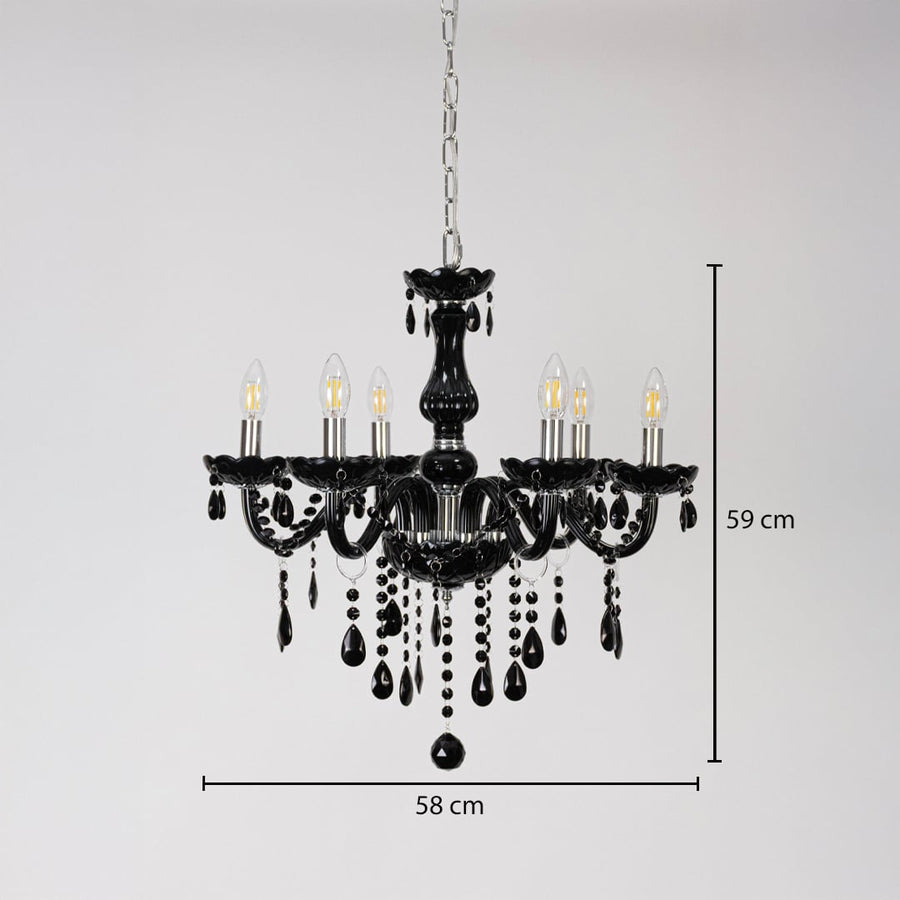 Black chandelier with crystal accents shown with 58 cm width and 59 cm height for modern decorative lighting.