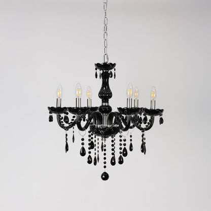 Classic black chandelier with crystal droplets displayed off on white background for stylish luxury lighting.