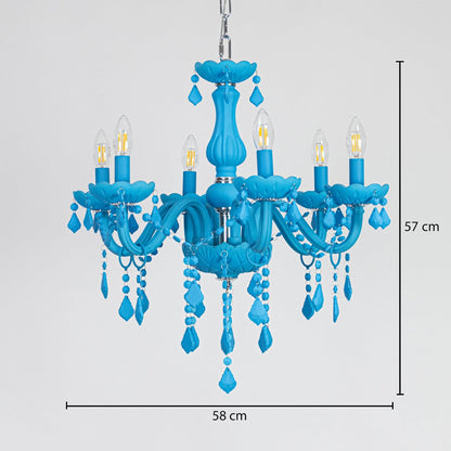 Blue crystal chandelier sized 57 cm height and 58 cm width ideal for stylish living room or dining room ceiling lighting.