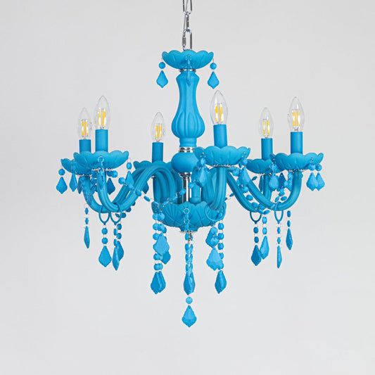 Blue crystal chandelier shown on white background ideal for colorful elegant interior ceiling styling.