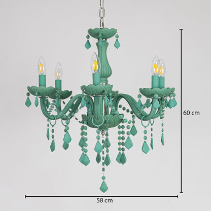Green crystal chandelier sized 60 cm height and 58 cm width ideal for stylish living room or dining room ceiling lighting.
