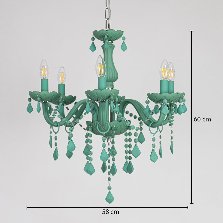 Green crystal chandelier sized 60 cm height and 58 cm width ideal for stylish living room or dining room ceiling lighting.
