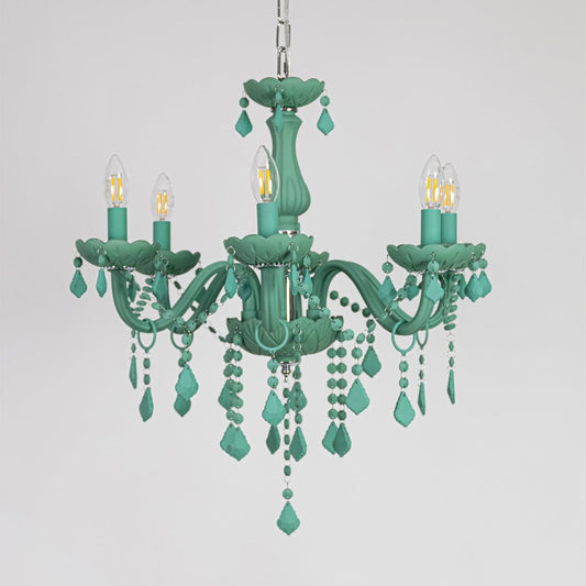 Green crystal chandelier displayed on white background ideal for colorful bright interior ceiling styling.
