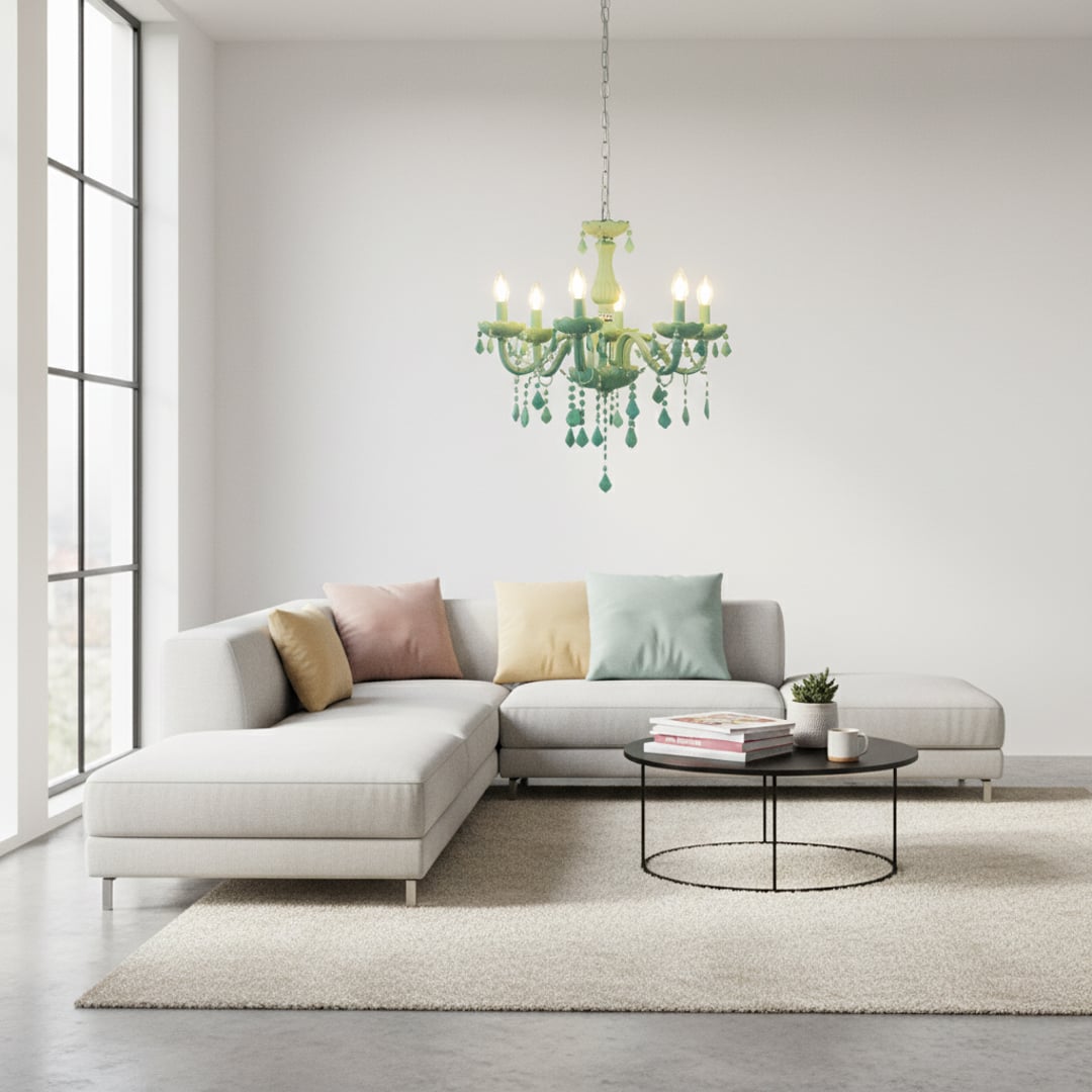Green crystal chandelier adds vibrant elegant lighting to living room or dining room ceilings creating a bold stylish look.
