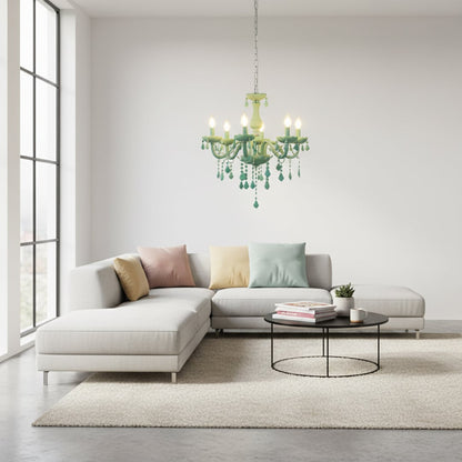 Green crystal chandelier adds vibrant elegant lighting to living room or dining room ceilings creating a bold stylish look.