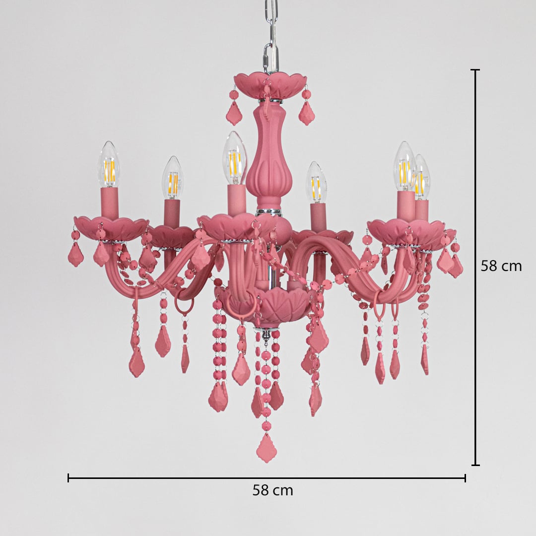 Pink crystal chandelier sized 58 cm height and 58 cm width ideal for stylish living room or dining room ceiling lighting.