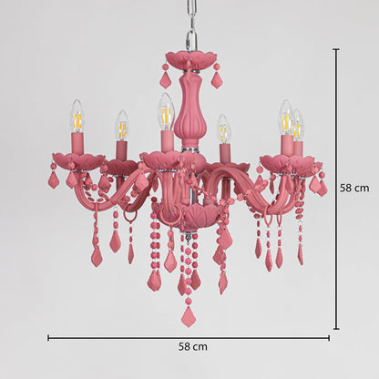 Pink crystal chandelier sized 58 cm height and 58 cm width ideal for stylish living room or dining room ceiling lighting.
