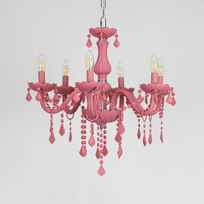 Pink crystal chandelier displayed on white background ideal for colorful bright interior ceiling styling.