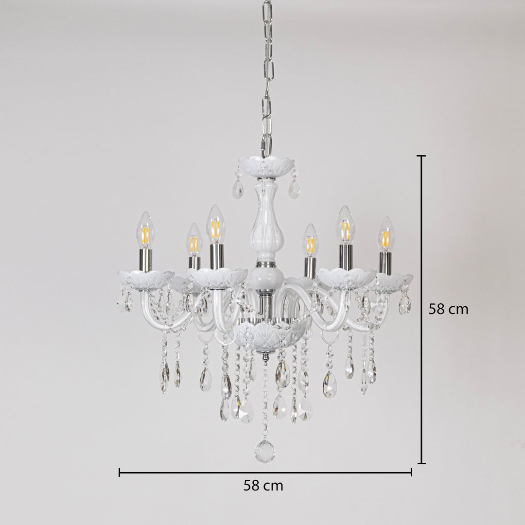 White chandelier with crystal detailing shown with 58 cm width and 58 cm height for luxury decorative lighting.