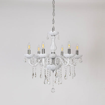 Classic white chandelier with crystal accents displayed off on white background for stylish luxury lighting.