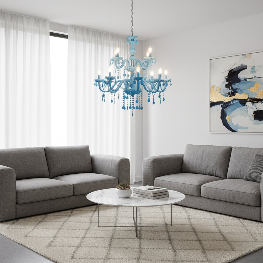 Large blue crystal chandelier adds vibrant elegant lighting to living room or dining room ceilings creating a bold luxury look.