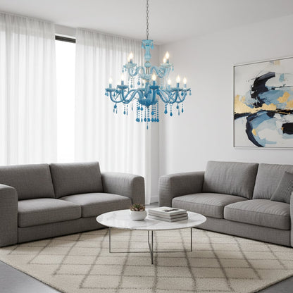Large blue crystal chandelier adds vibrant elegant lighting to living room or dining room ceilings creating a bold luxury look.