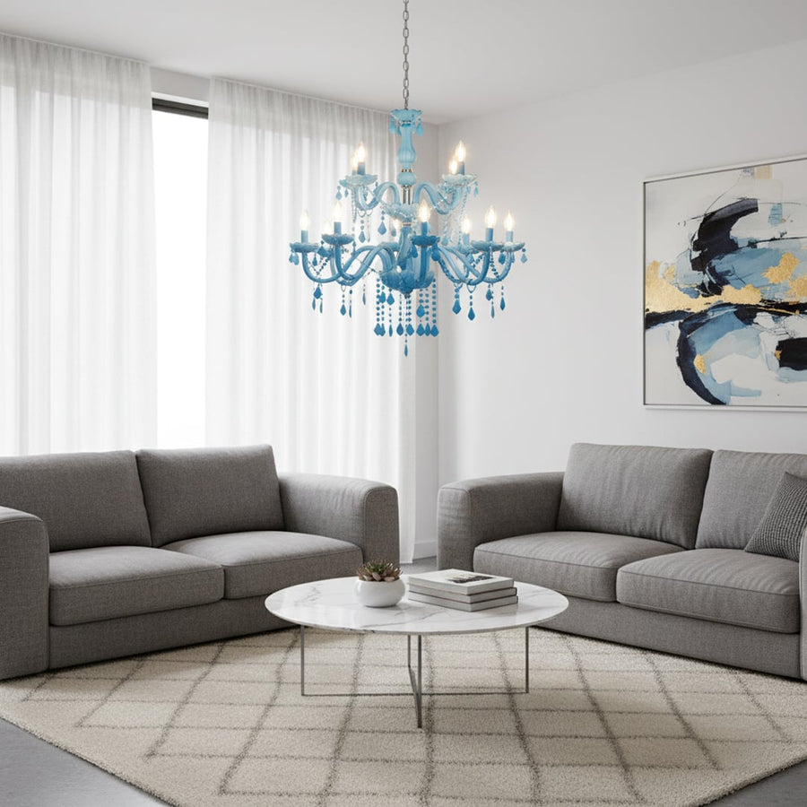 Large blue crystal chandelier adds vibrant elegant lighting to living room or dining room ceilings creating a bold luxury look.