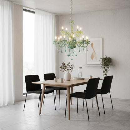 Large green crystal chandelier adds vibrant elegant lighting to living room or dining room ceilings creating a bold luxury look.