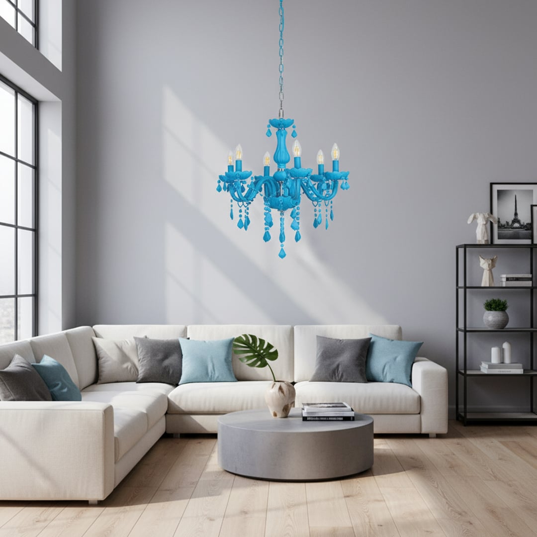 Blue crystal chandelier adds vibrant elegant lighting to living room or dining room ceilings creating a bold modern look.