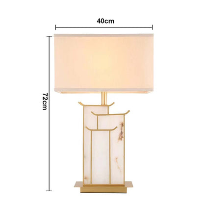 White shade marble and gold rectangular table lamp with size 62cm height and 46cm width on white background for elegant modern décor.