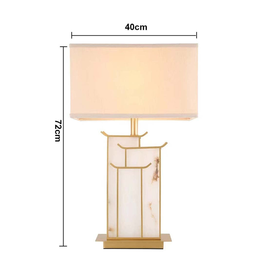 White shade marble and gold rectangular table lamp with size 62cm height and 46cm width on white background for elegant modern décor.