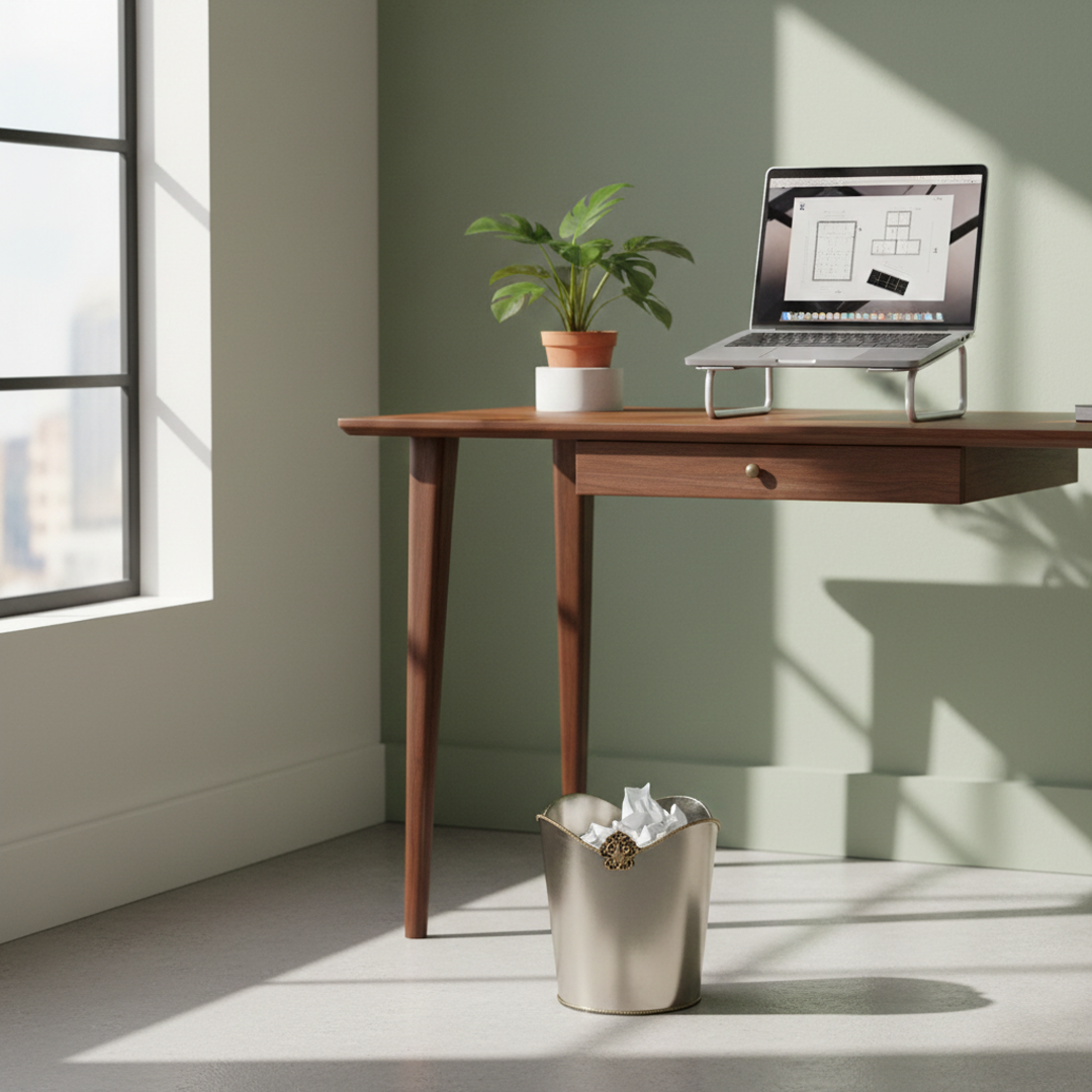 Modern white metal waste bin lifestyle image beside wooden desk for elegant minimalist office decor.