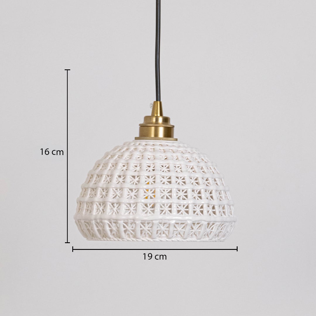 White woven pendant light shown with 19 cm width and 16 cm height for accurate size reference.