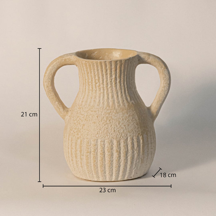 Twin handle vase measuring 21 cm in height and 23 cm in width - ideal for styling in contemporary or rustic interiors.